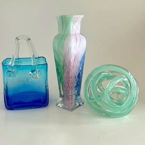 Blown Glass Blue Basket & Pink Green Blue speckled Vase, Glass Knot Sculpture
